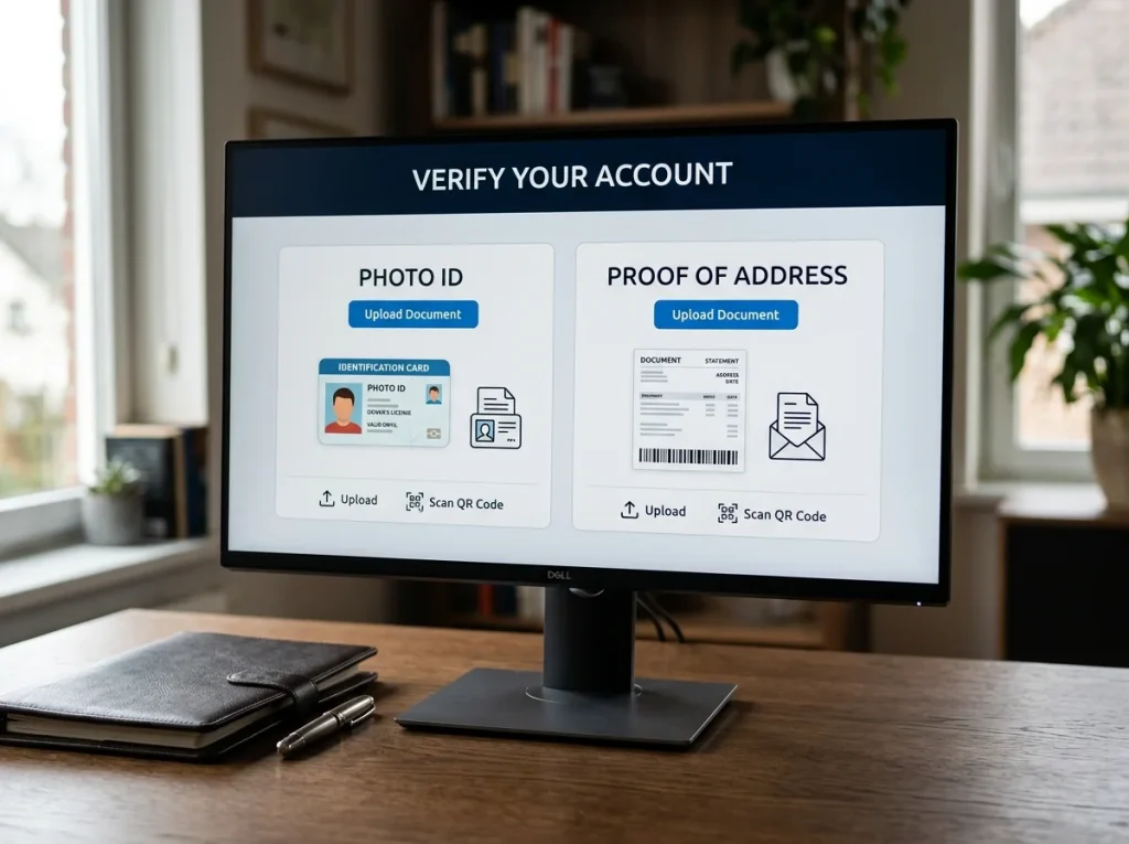 Computer screen showing a Payz-style document upload prompt for ID and proof of address during KYC