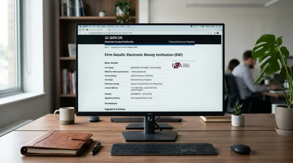 Computer screen displaying the FCA Financial Services Register listing for an authorised e-money institution