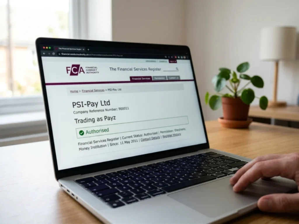 FCA Register page on screen showing PSI-Pay Ltd entry unchanged through the ecoPayz to Payz rebrand