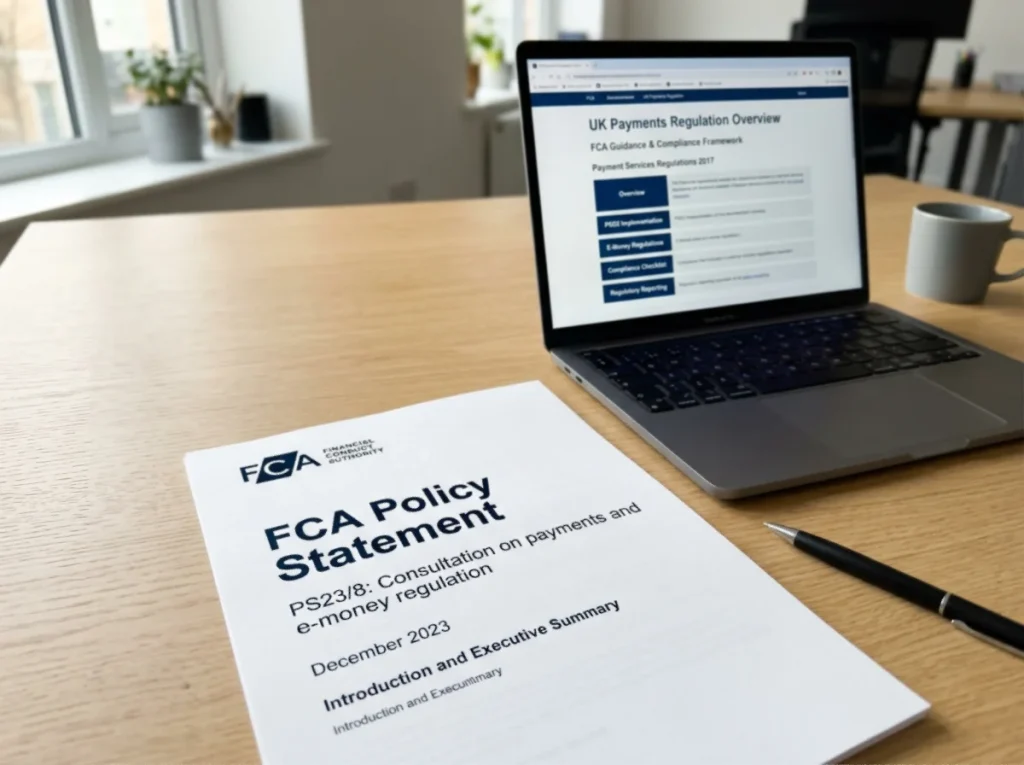 FCA policy statement document on desk showing Strong Customer Authentication changes for UK payments