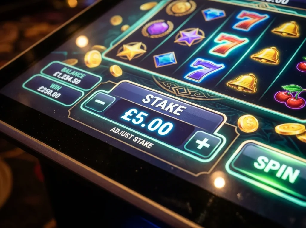 British online slot reel close-up at the £5 maximum regulated stake setting during a Payz session
