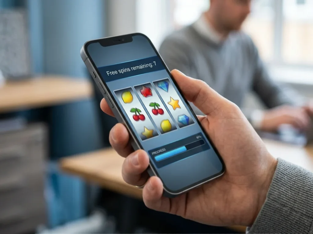 Online slot game on a smartphone with a free-spin counter and a wagering progress bar visible