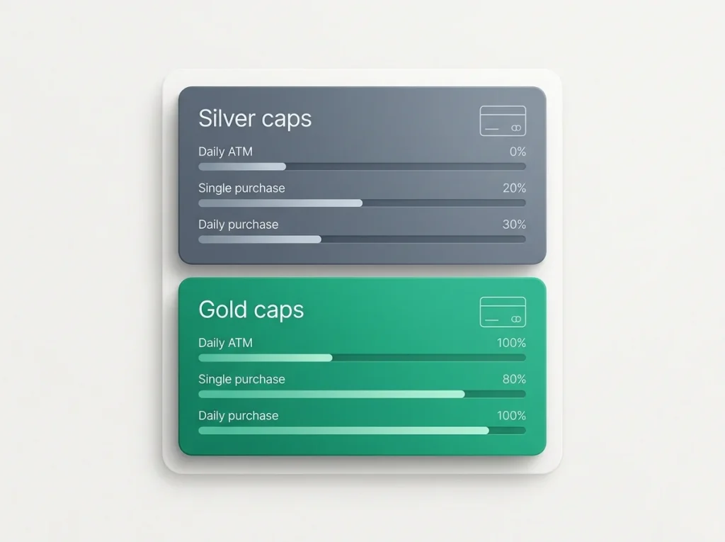 Limit comparison panel showing higher Gold tier ATM and purchase ceilings for British casino winnings use