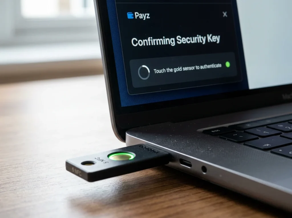 USB hardware security key plugged into laptop completing FIDO2 authentication for a Payz wallet login