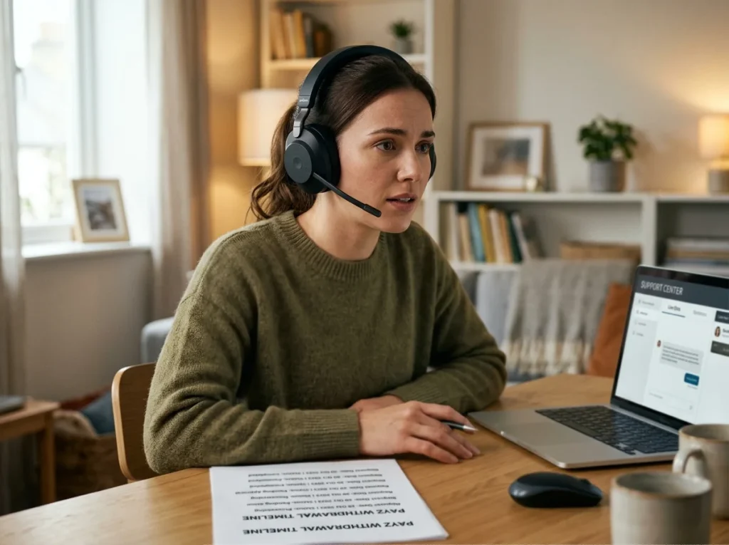 Player on headset call with British casino complaints team escalating a delayed Payz withdrawal case