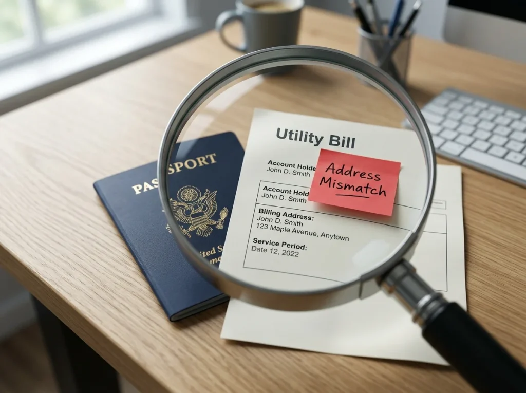 Magnifying glass over a passport and utility bill highlighting an address-mismatch indicator