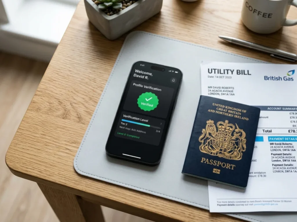 Smartphone showing a verified-account badge alongside a passport and a recent utility bill