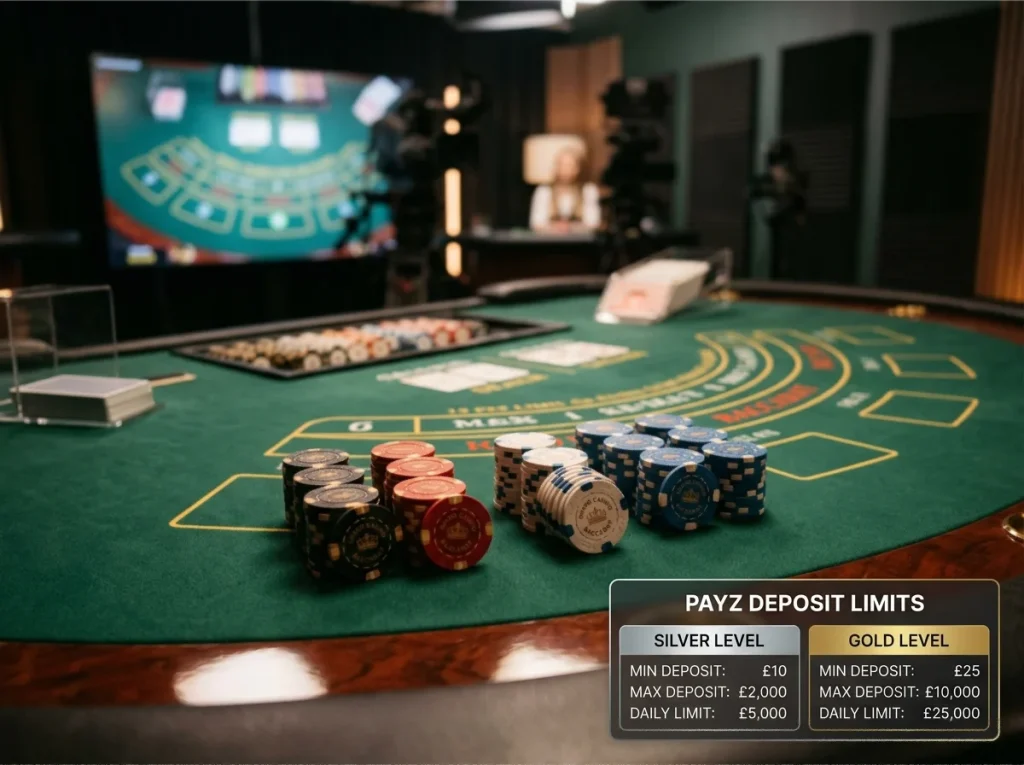 Live baccarat table with high-stake chip stacks and overlay illustrating Payz tier deposit ceiling