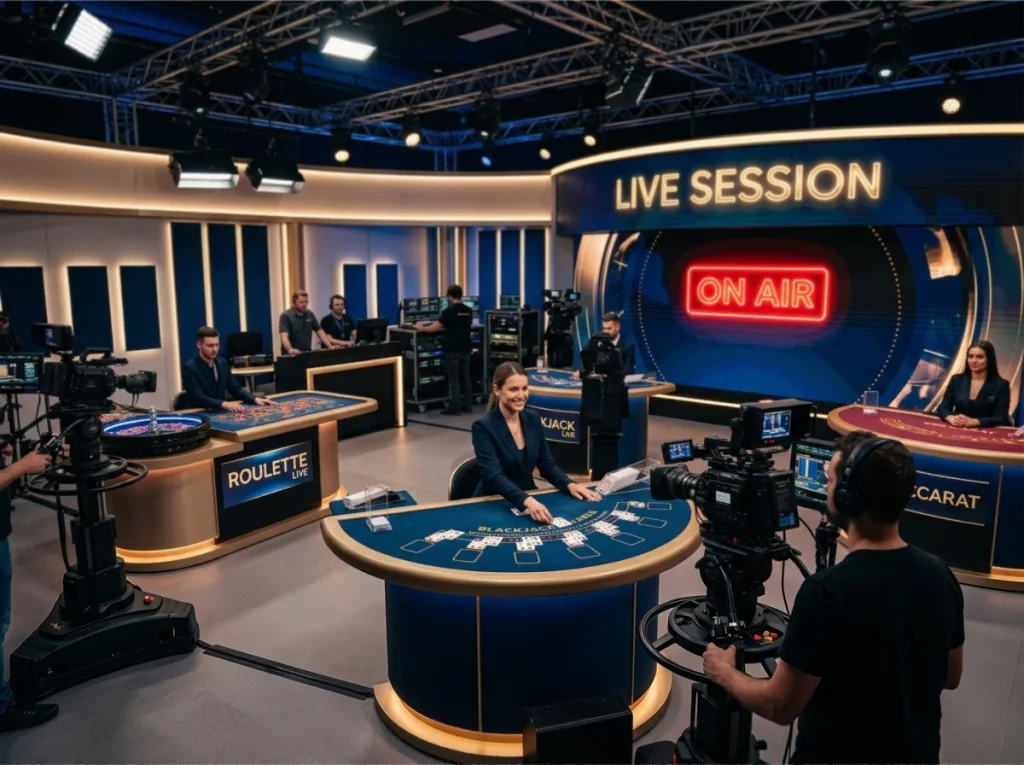 Professional live dealer studio with multiple cameras and dealers running streamed tables for UK operators