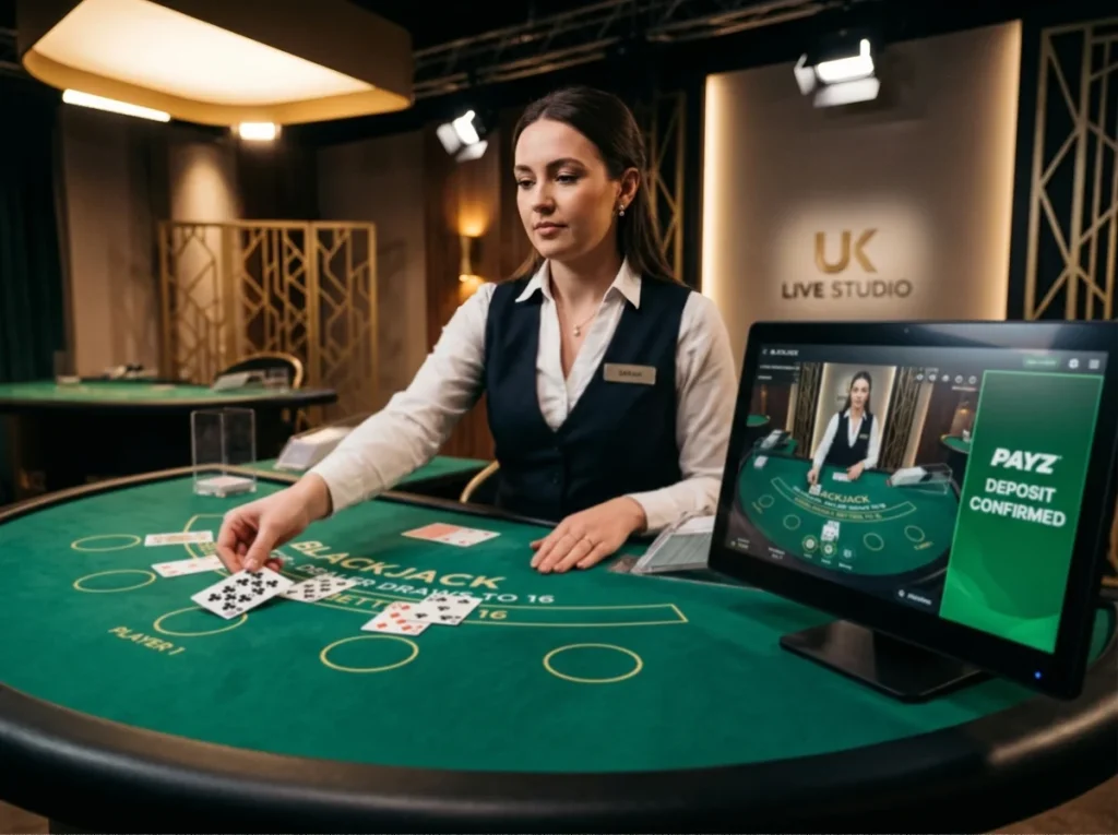 Live blackjack table during a streamed hand at a UK casino with Payz wallet deposit confirmation in view
