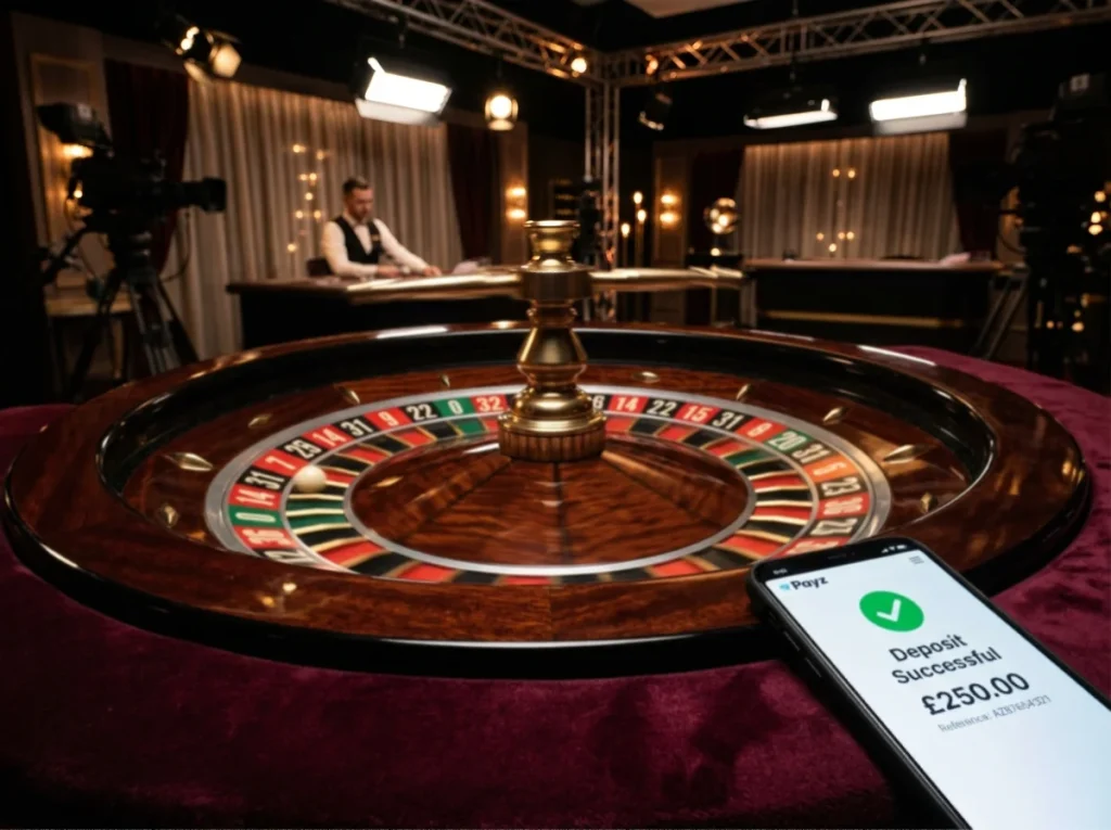 Live roulette wheel mid-spin at a streamed UK studio with smartphone showing Payz top-up confirmation