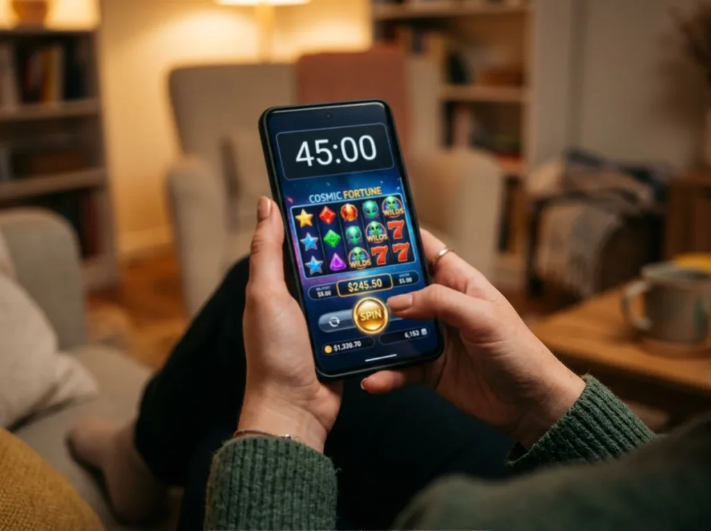 Player holding smartphone with a low-stake slot session running longer than before stake-cap rules