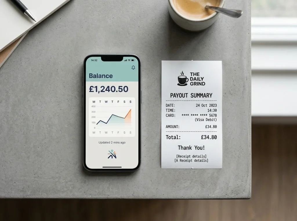 Split-view illustration of a wallet balance screen and a Mastercard payout receipt side by side