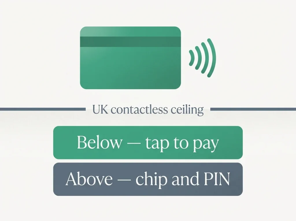 Editorial illustration of the £100 UK Mastercard contactless ceiling per single transaction