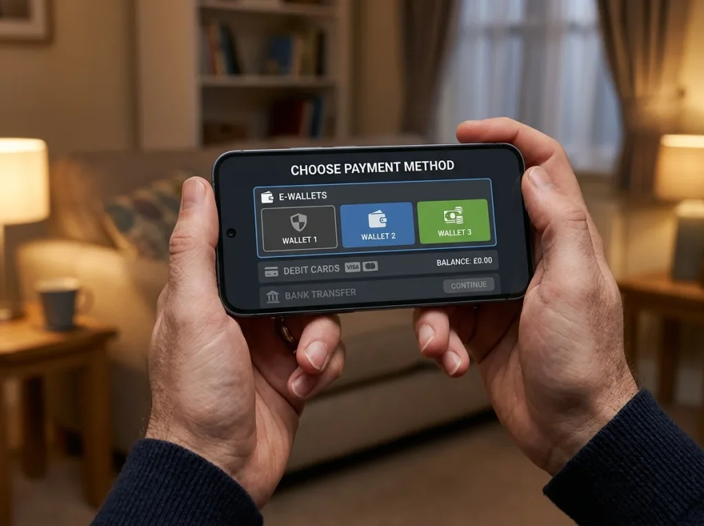 British player tapping a smartphone casino cashier to choose Payz from the e-wallet payment group