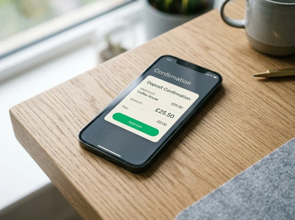 Close-up of a smartphone showing a deposit confirmation card with merchant, amount and fee fields