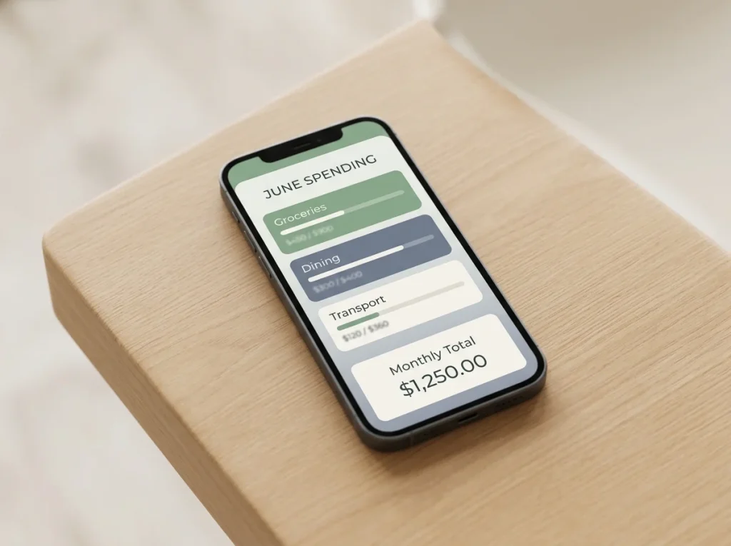 Smartphone displaying a wallet spend-tracking summary with category bars and a monthly total card