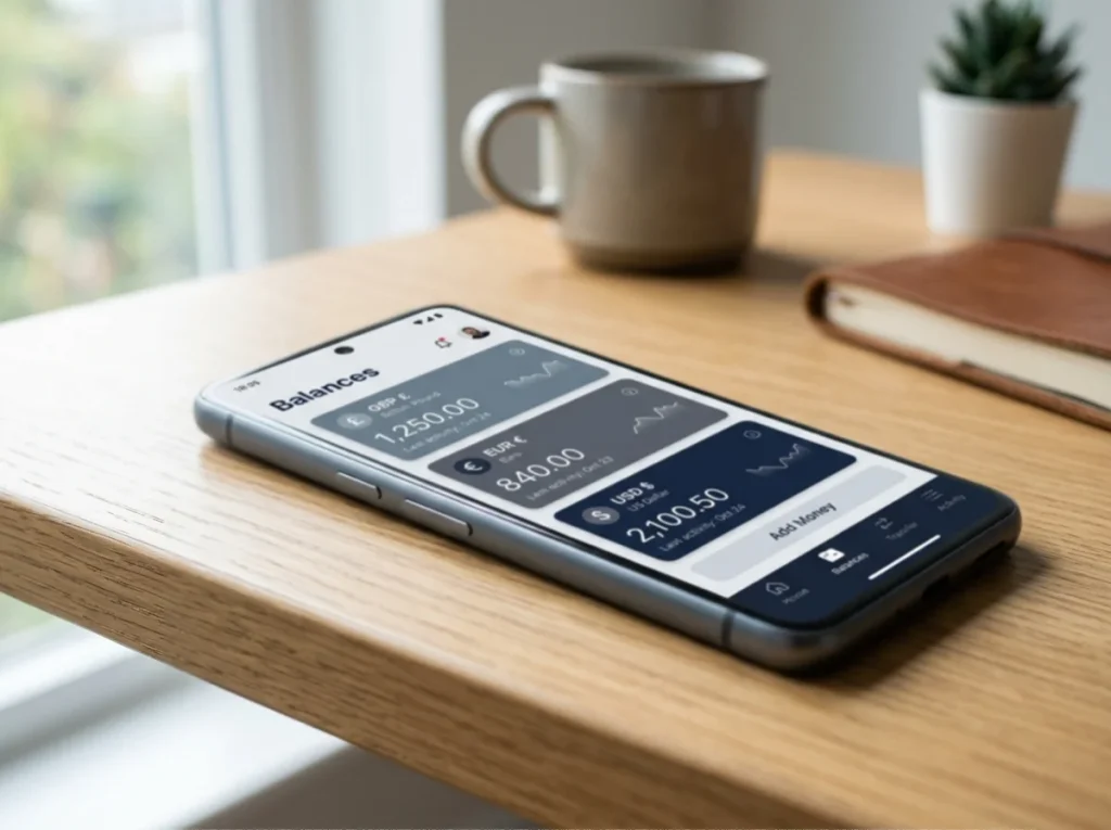 Smartphone wallet view with GBP, EUR and USD balance segments shown as separate cards on screen