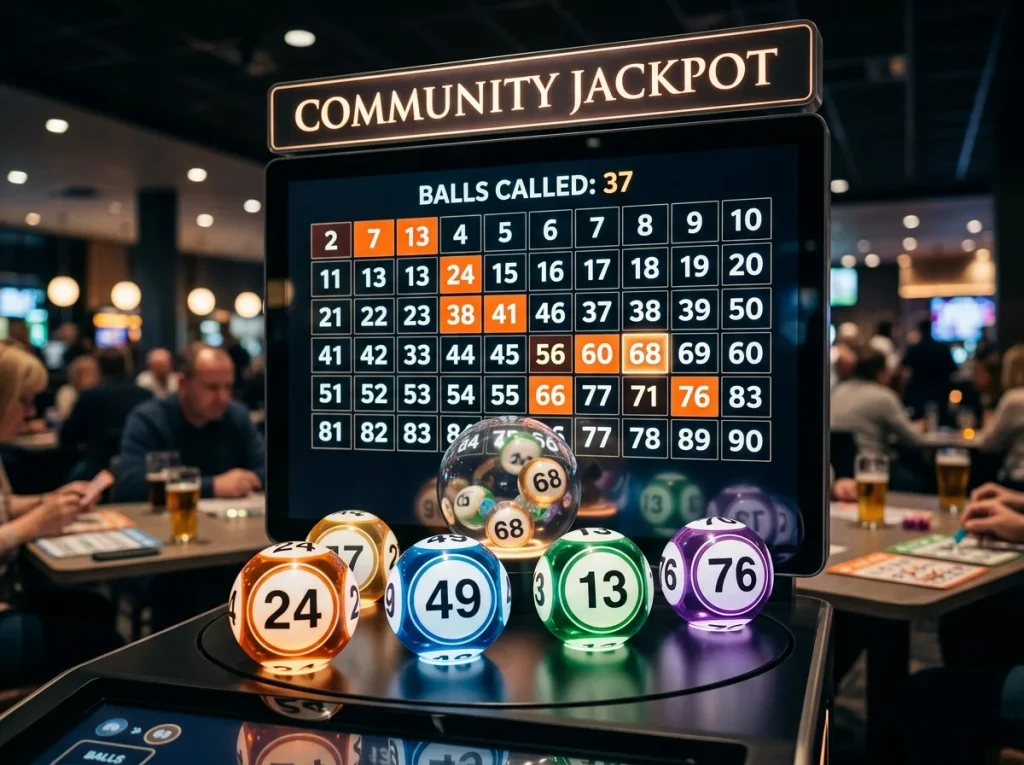 Animated 90-ball bingo balls drawn on community room screen as a network jackpot prize is awarded