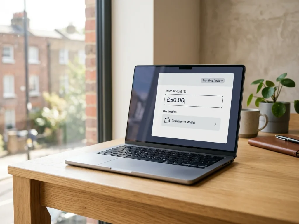 Casino withdrawal request screen on a laptop showing a small bonus-derived winnings amount pending
