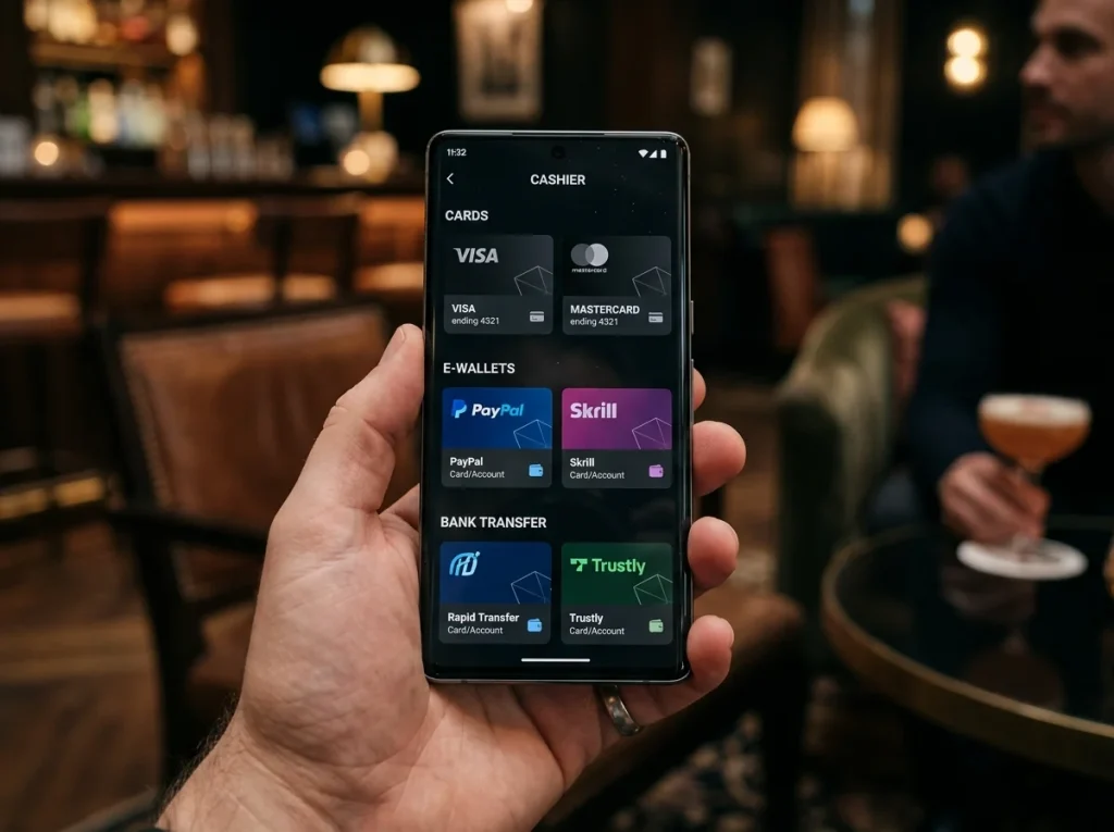 UK casino cashier modal open on a smartphone with payment methods grouped by e-wallet, card and bank