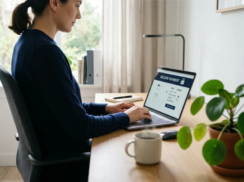 Person typing a card number into a checkout page on a laptop in a quiet home-office setting