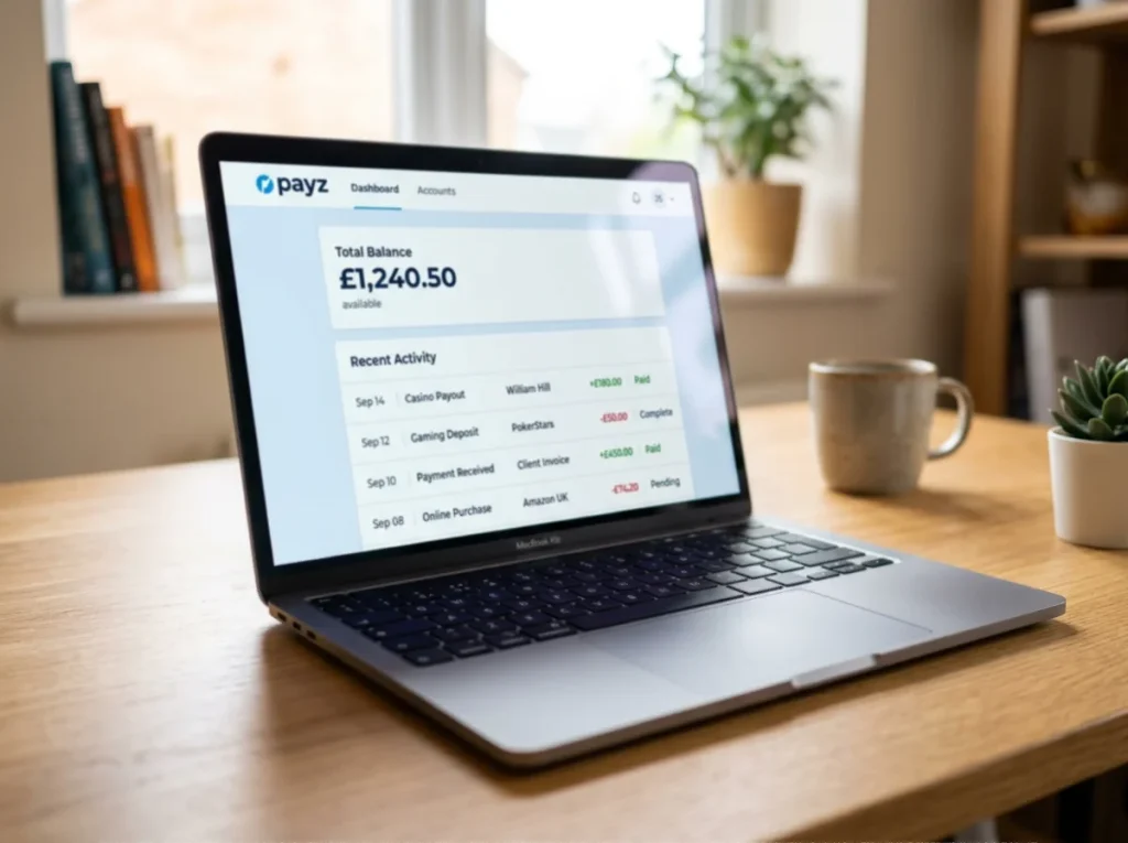 Laptop screen showing the Payz wallet account dashboard with British casino transaction history preserved through rebrand