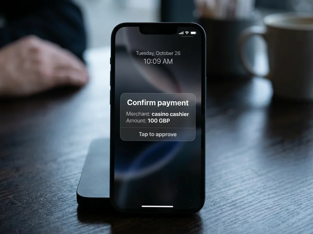 Payz mobile app push notification confirming a casino debit with merchant name, amount and currency