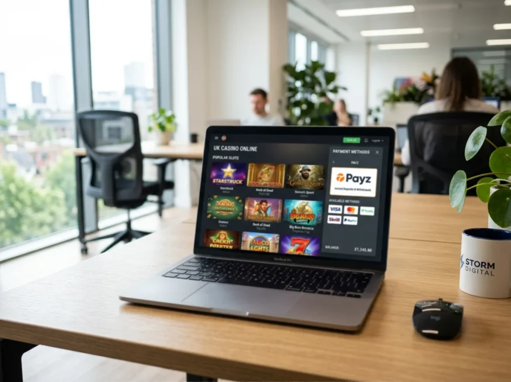 Curated UK slot studio library on casino site with Payz wallet listed as an accepted payment method