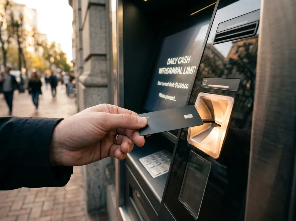 Payz Mastercard at a UK ATM with the daily cash withdrawal cap of around 750 euros highlighted