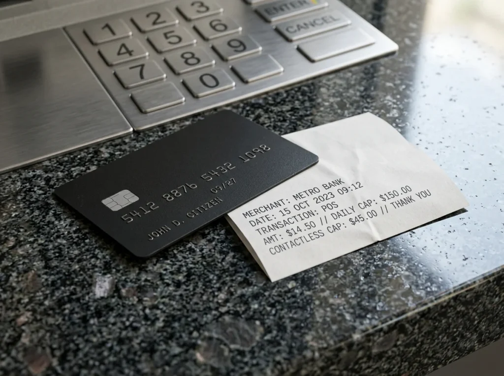 Payz Mastercard cash-out illustration showing the daily ATM and contactless caps for UK casino winnings