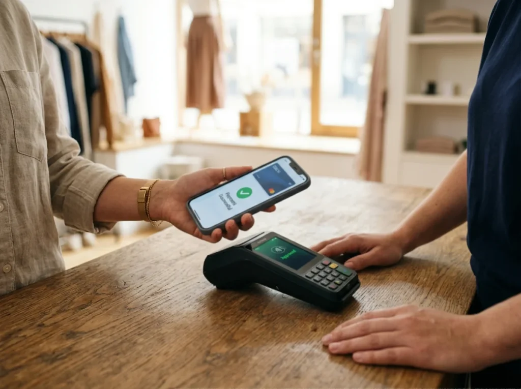 Contactless tap of a Payz Mastercard at a high-street point-of-sale terminal