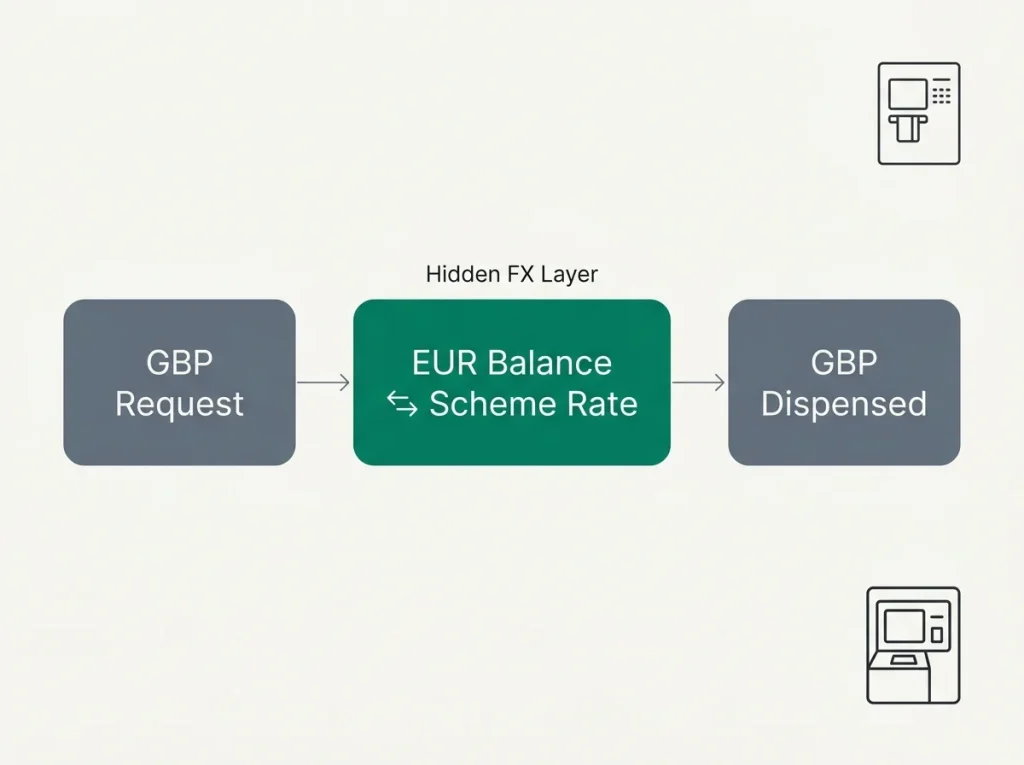Diagram of the hidden FX layer that activates when withdrawing pounds on a euro-denominated Payz Mastercard at a UK ATM