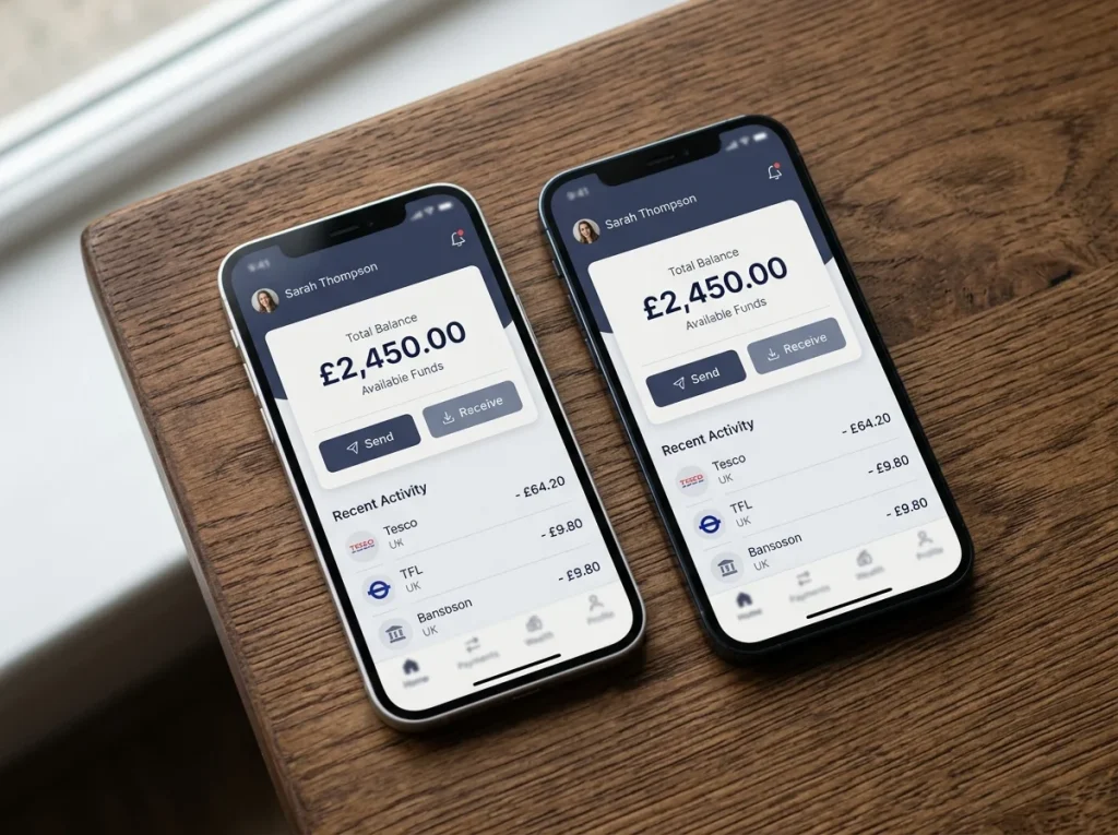 Two smartphones side by side, one iOS and one Android, both showing the Payz wallet home screen