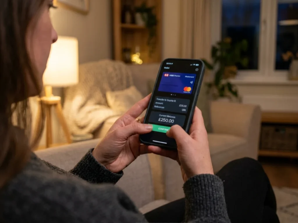 British player completing a Payz deposit at an online casino cashier on a smartphone