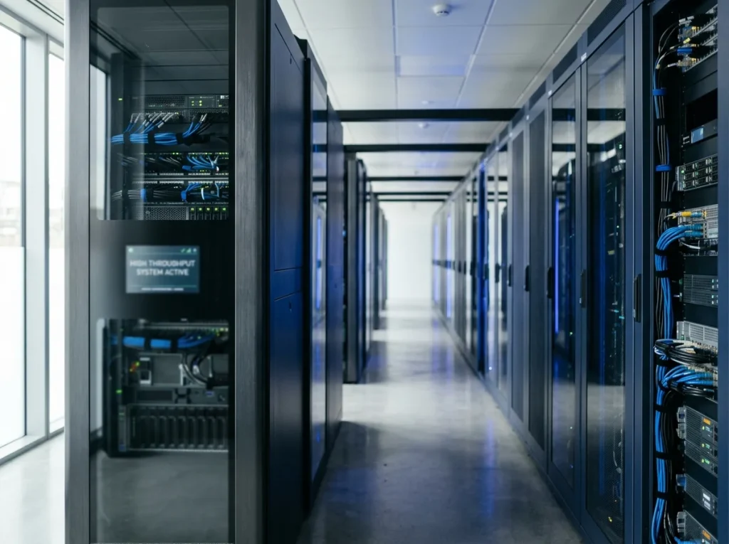Server-room visualisation with payment network nodes and routing lines representing PSI-Pay throughput