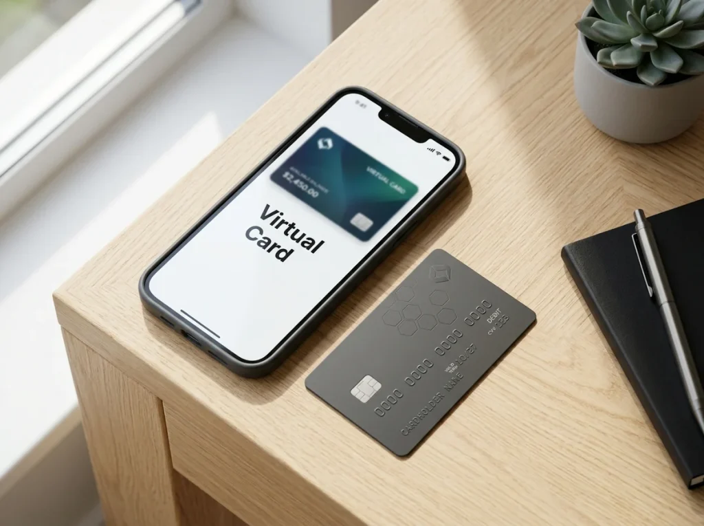 Physical Payz Mastercard placed beside a smartphone showing a virtual card representation