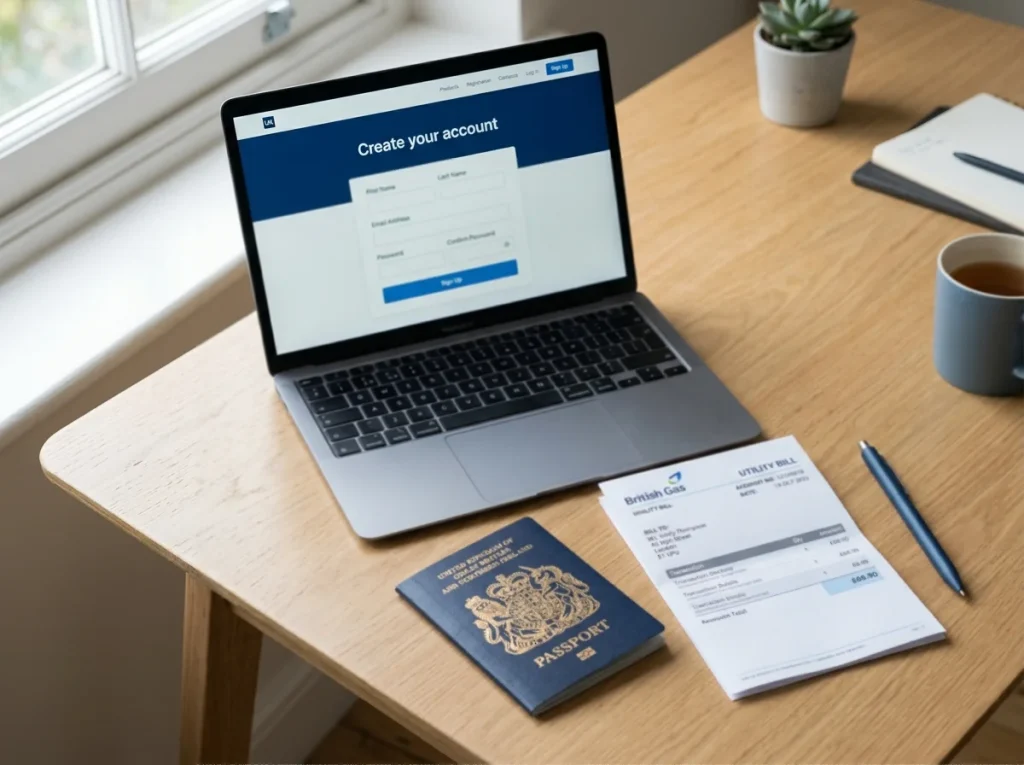 Desk with a passport, recent utility bill and a laptop showing a wallet registration landing page