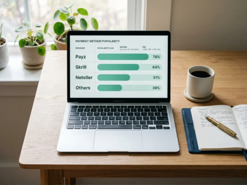 Side-by-side fee comparison of Payz, Skrill, Neteller and PayPal e-wallets on a laptop screen