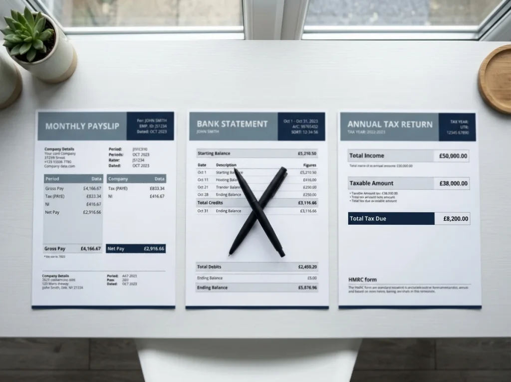Desk view with a payslip, a bank statement and a tax return arranged for a source-of-funds review