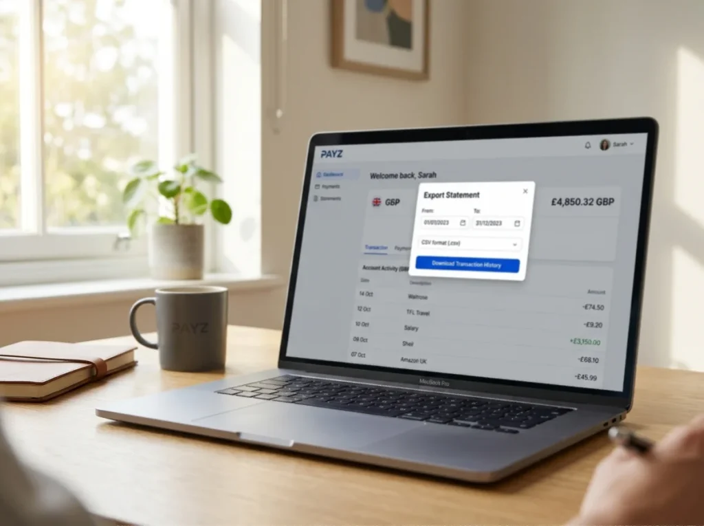 Payz wallet web interface on laptop with statement export dialog open over British casino transaction list