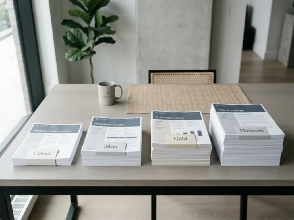 Tiered document stack showing increasing paperwork from Classic through to VIP on a desk