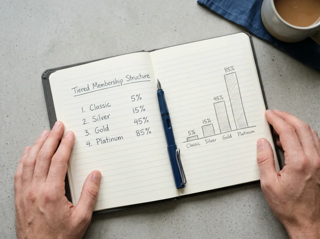 Hands holding a notebook with tier-name annotations and a percentage chart sketched in pencil