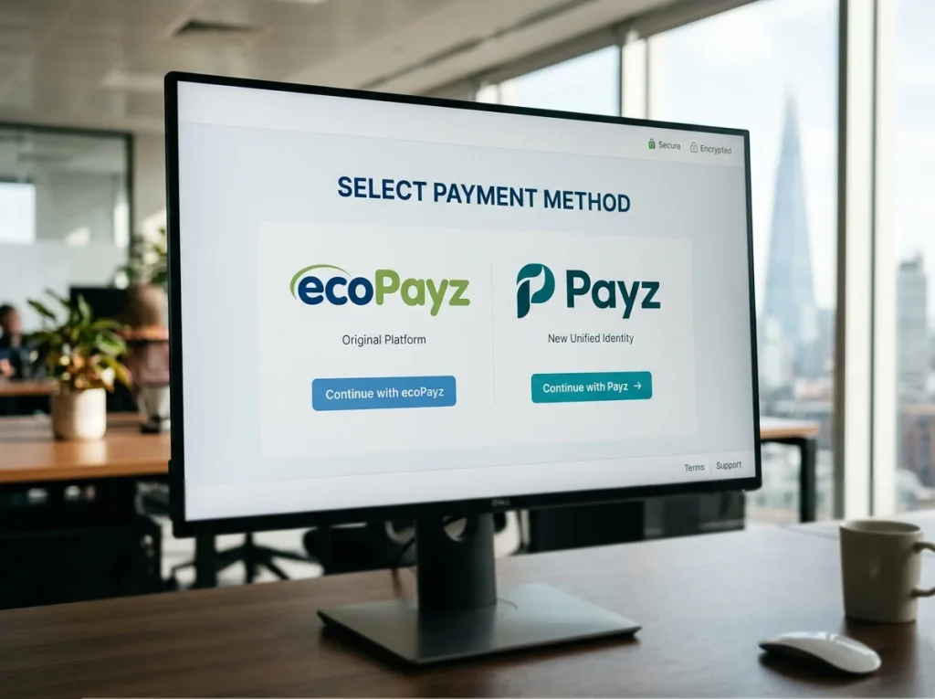 Side-by-side branding contrast between legacy ecoPayz logo and current Payz logo at a UK casino cashier
