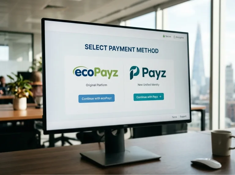 Side-by-side branding contrast between legacy ecoPayz logo and current Payz logo at a UK casino cashier