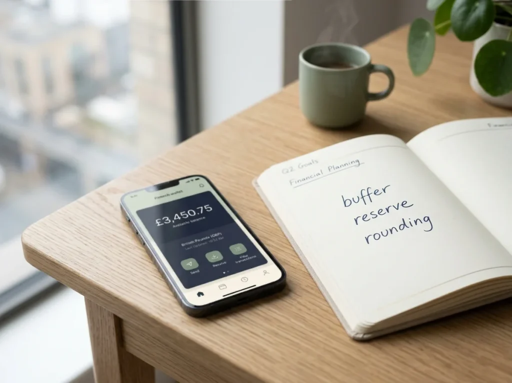 Smartphone showing a Payz wallet balance screen alongside notes on funding buffer planning