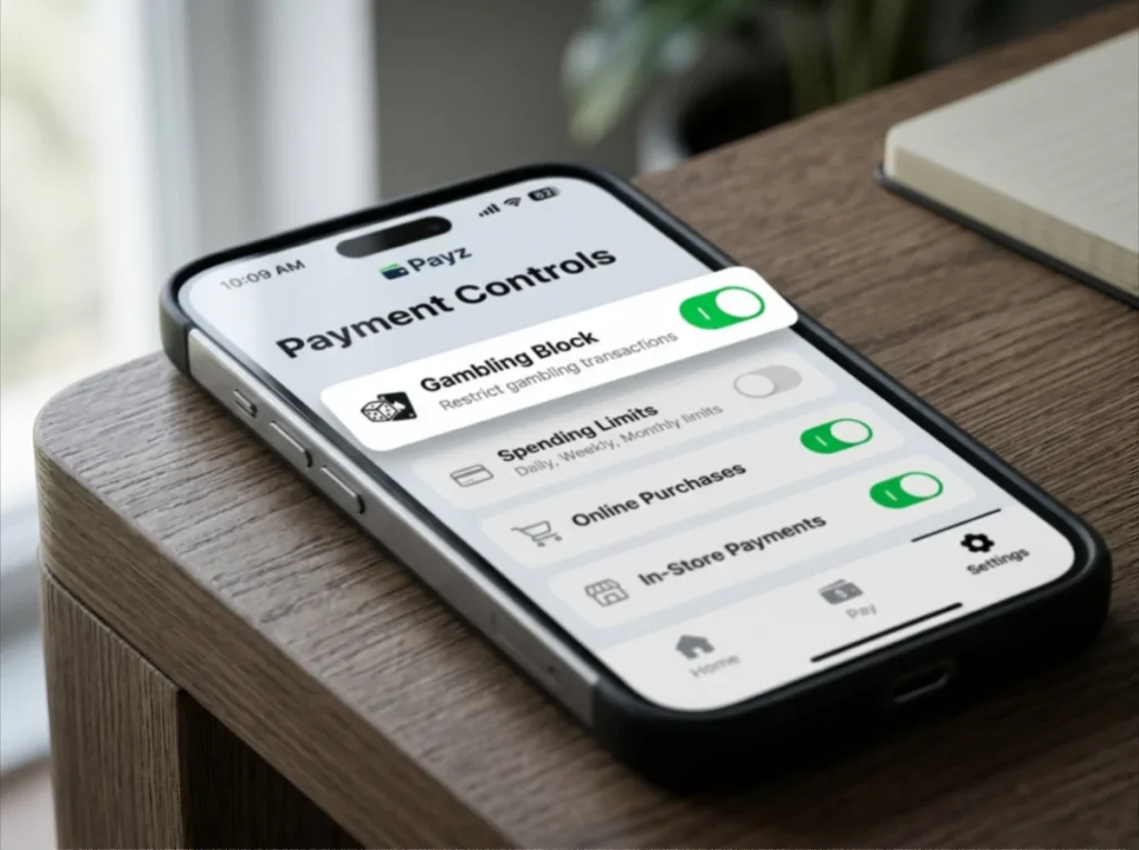 Payz wallet app on phone with the gambling merchant category spend block toggle switched to on