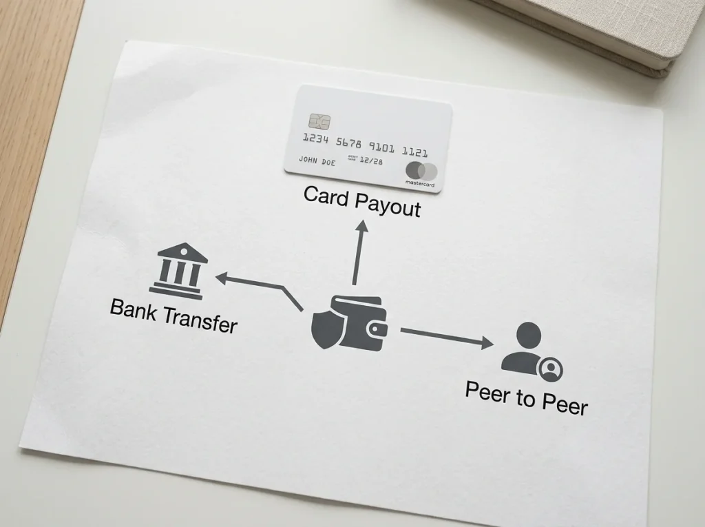 Three Payz withdrawal routes from a casino balance: bank transfer, Mastercard load and internal wallet-to-wallet