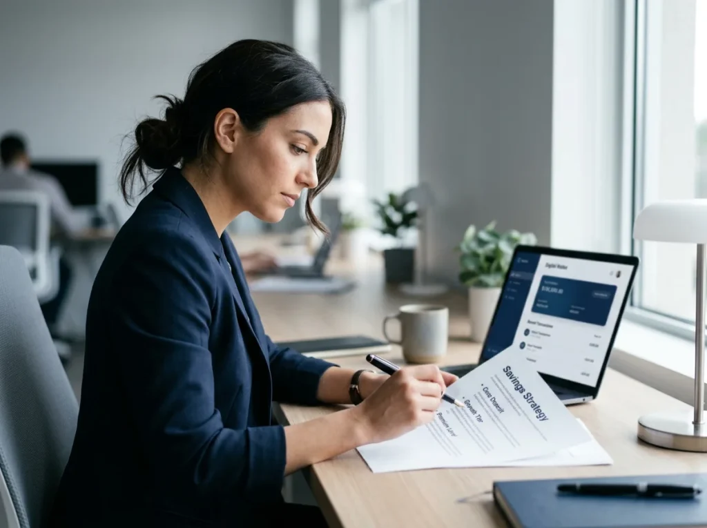 Person at a desk reviewing a printed planning sheet of deposit thresholds with a laptop open