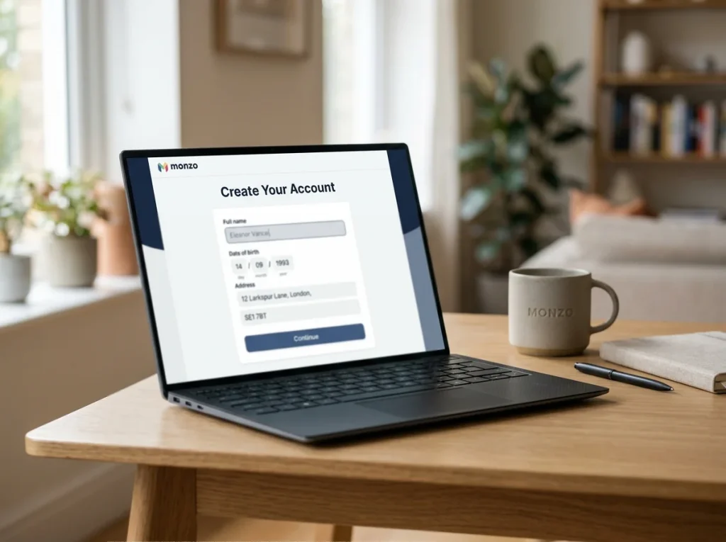 Laptop screen showing a clean wallet registration form with name, date of birth and address fields